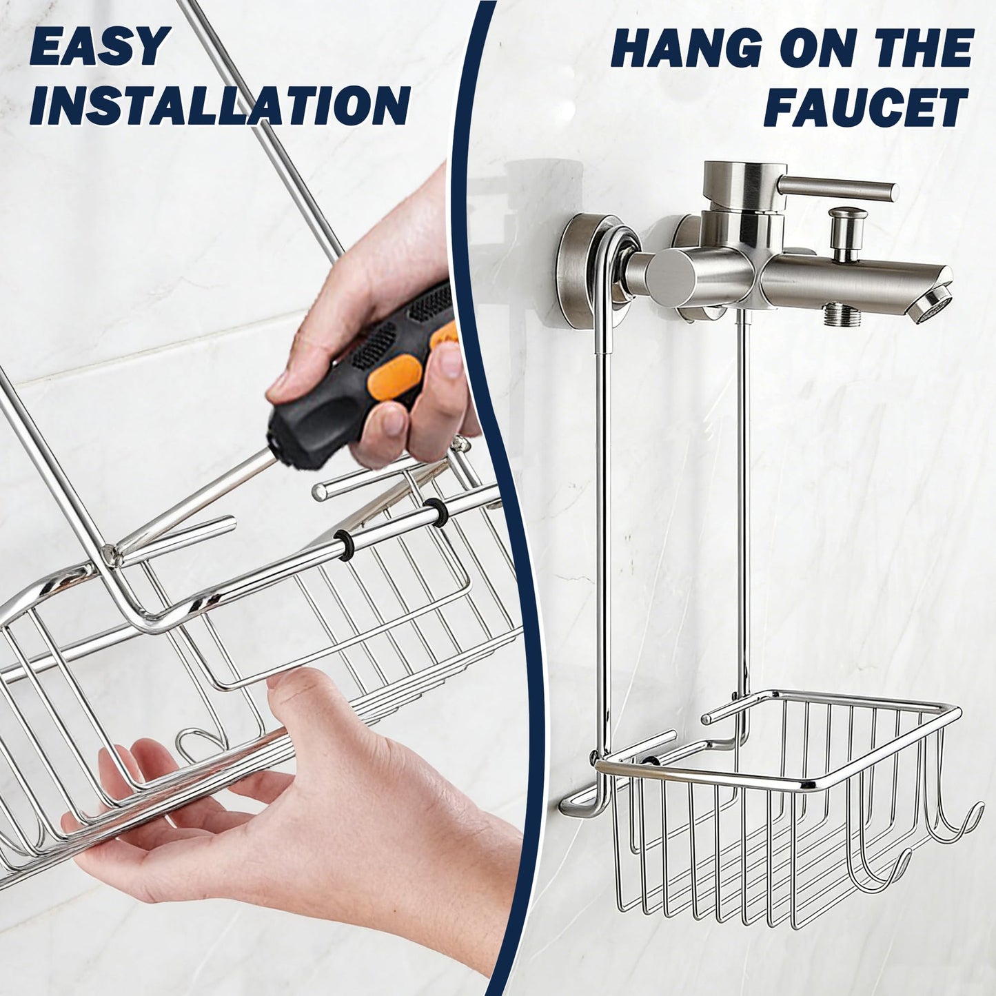 GERUIKE Hanging Shower Caddy Basket No Drilling Bathroom Shelf Over Shower Tap, Easy to Attach Single-Tier Organiser with Hooks