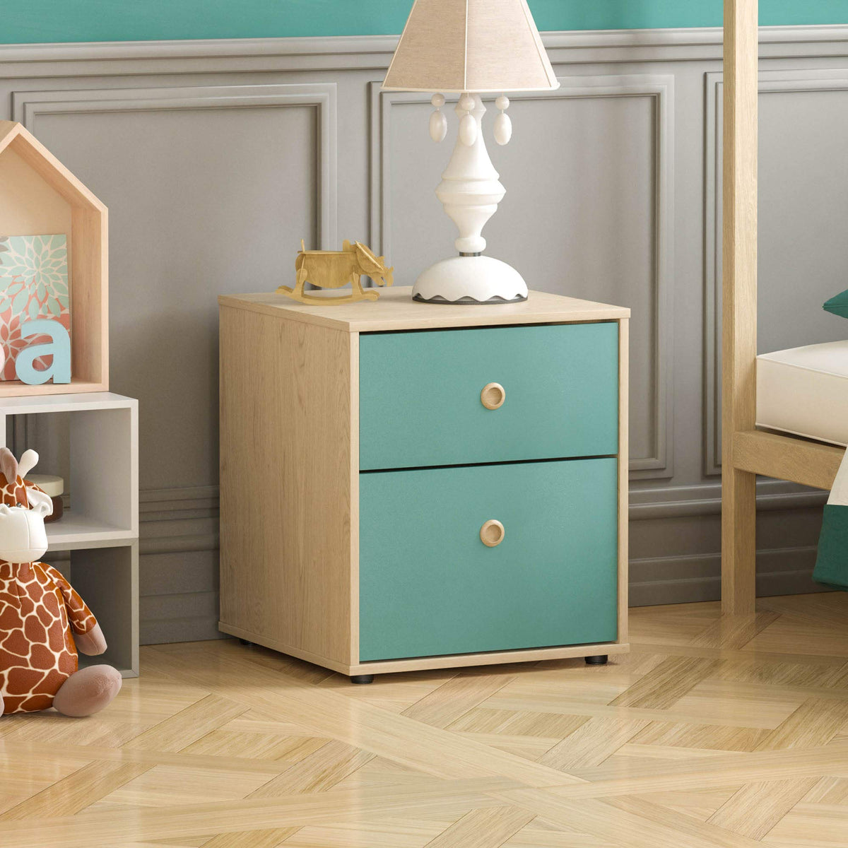Junior Vida Neptune 2 Drawer Bedside Table Cabinet Chest of Drawers Bedroom Storage Children's Kids Furniture, Set of 2 (Blue & Oak)