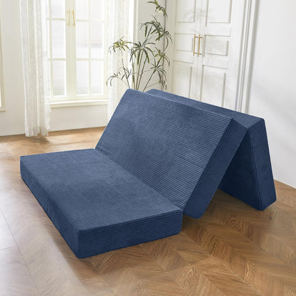 MAXYOYO Folding Corduroy Mattress, Tri Fold Floor Mattress 10cm thick with Washable Cover,Foldable in Three,Space-Saving for Guest (Bluestone, Single)