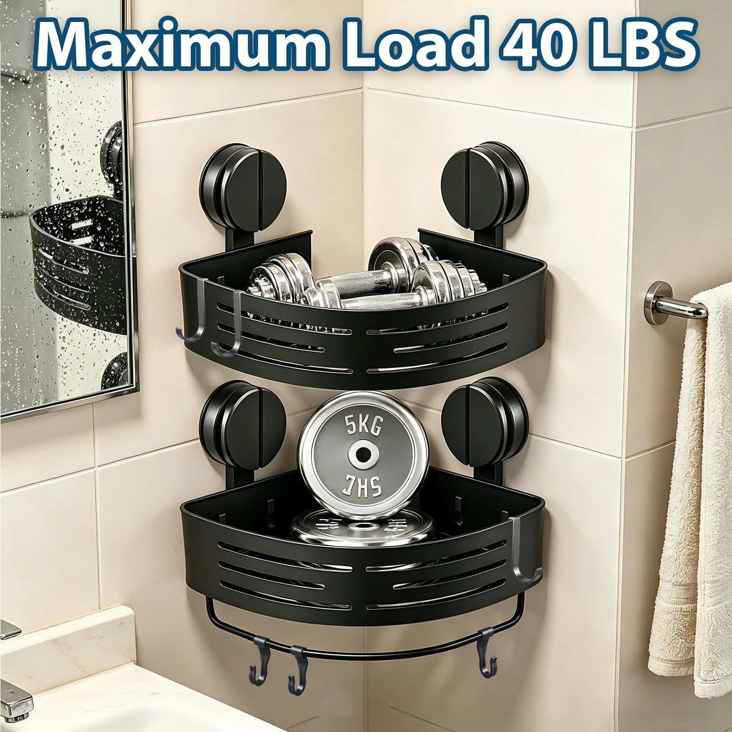 ZBXSNK 2Pcs Corner Shower Caddy, No Drilling Suction Cup Bathroom Corner Shelves, Shower Storage Shelf with Towel Bar & Hooks