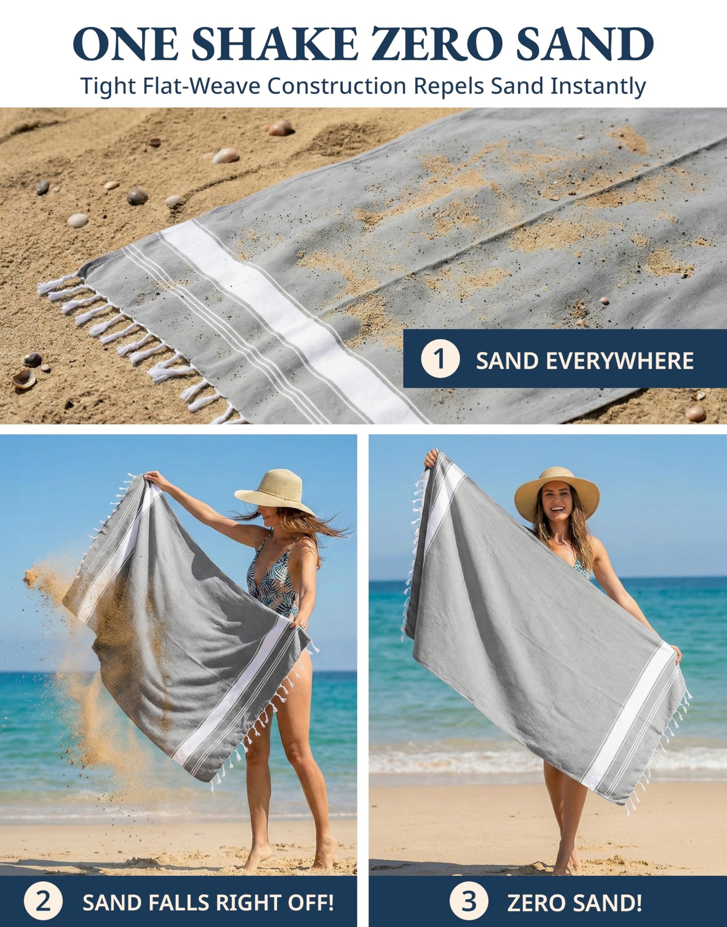 LANE LINEN Turkish Beach Towel, 2 Pack Towels Oversized, 39"x71", Cotton Rich Quick Dry Pool Towels for Adults, Absorbent Sand Free