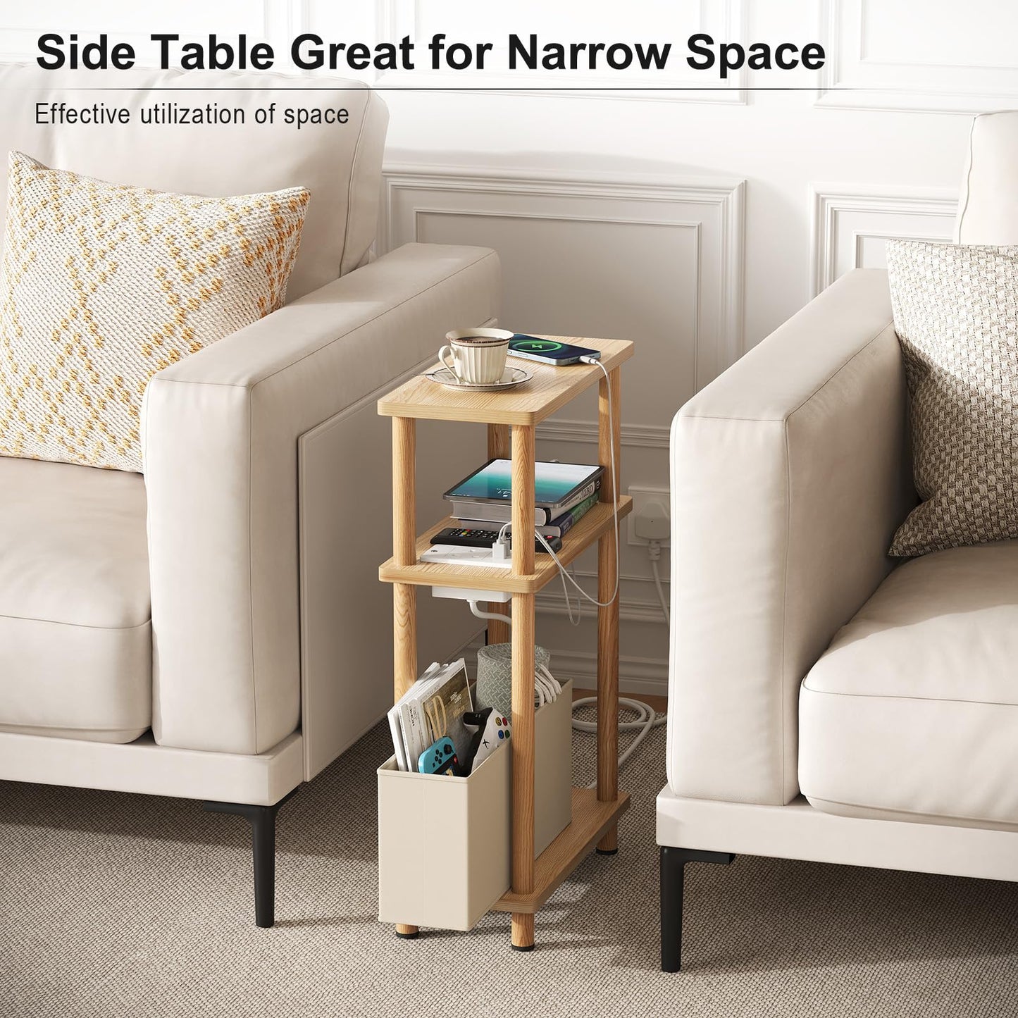 APICIZON Narrow Side Table, 3 Tier Bed Side Table, Slim End Table with Charging Station, for Living Room, Bedroom
