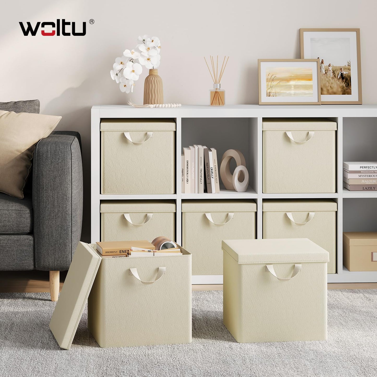 WOLTU Fabric Storage Boxes Set of 5, Folding Baskets with Lids, Handles, Metal Frame, Wardrobe Toy Organisers for Living Room, Bedroom, Office, Cream