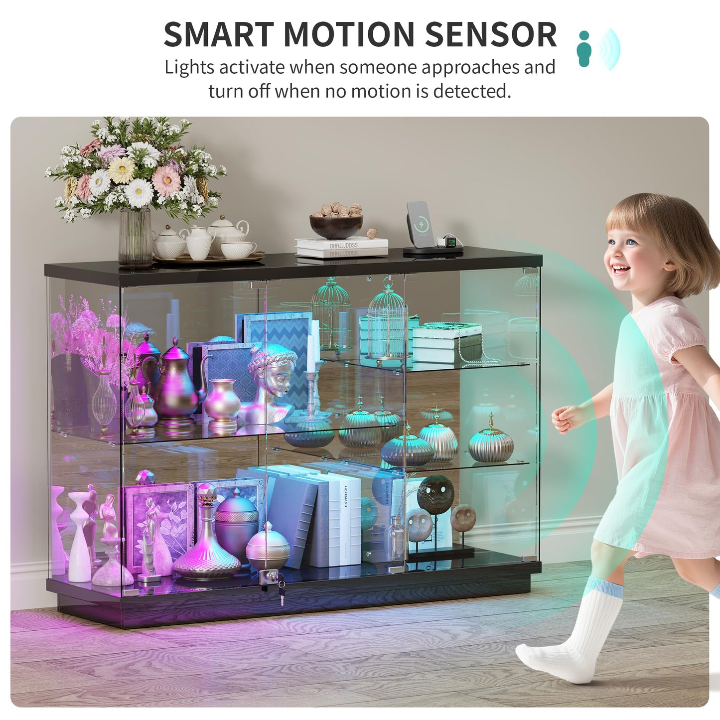 High Gloss Glass Display Cabinets with RGB lighting for Bedroom,Black