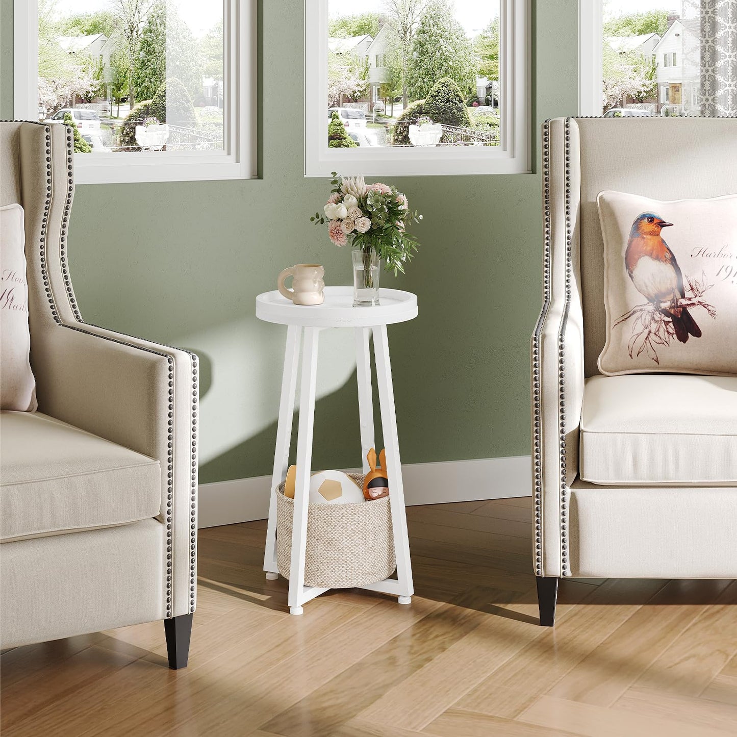 HOOBRO Round Side Table, 2 Tier Sofa Side Table Small Table with Storage Basket, Round Bedside Table, Compact Corner Tables for Small Spaces