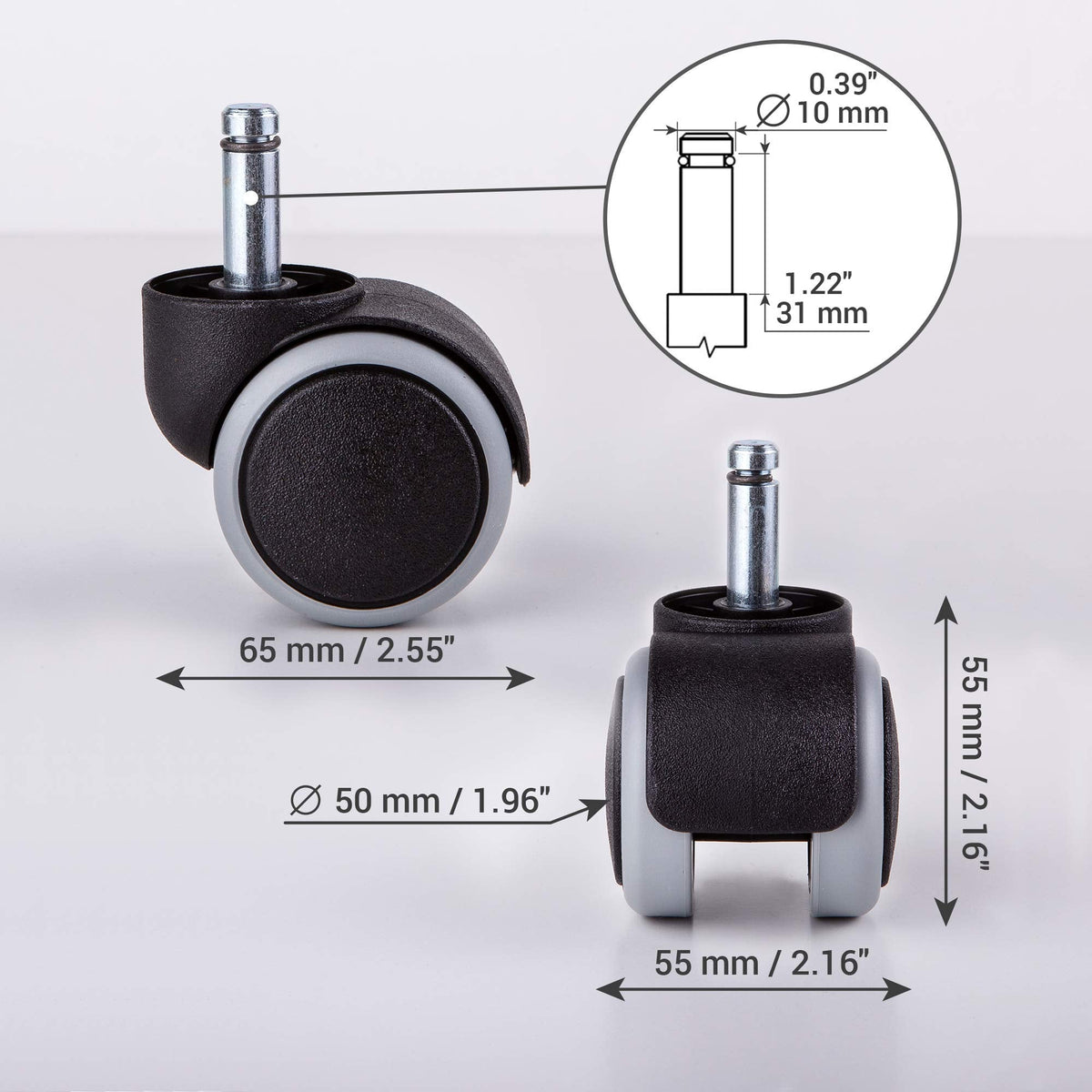 (for 1 Chair) 50 mm Rubber Chair Wheels Office Chair Castors Replacement Wheels Twin Castors Swivel Wheels Universal Stems for Replacement Casters No