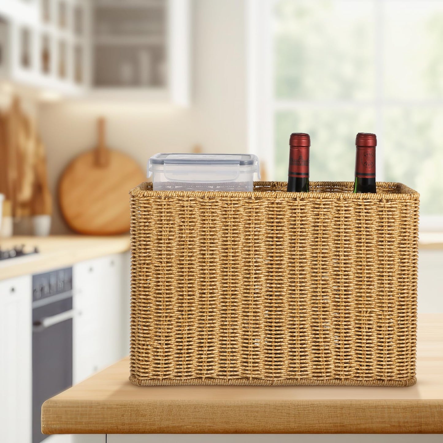 Alipis Wicker Magazine Basket Plastic Rattan Weave Basket Stair Basket Narrow Magazine Holder Newspaper Rack Skinny Storage Bin Organizer Laundry