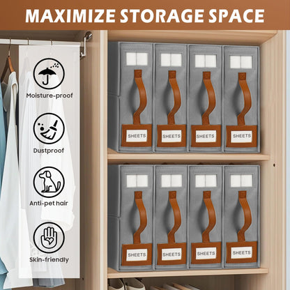 BOSNONA Bed Sheet Organiser 4 Pack Grey Bedding Storage Box Foldable King Size Bed Sheet Organiser Boxes with Zip for Bedsheets, Pillow Cases
