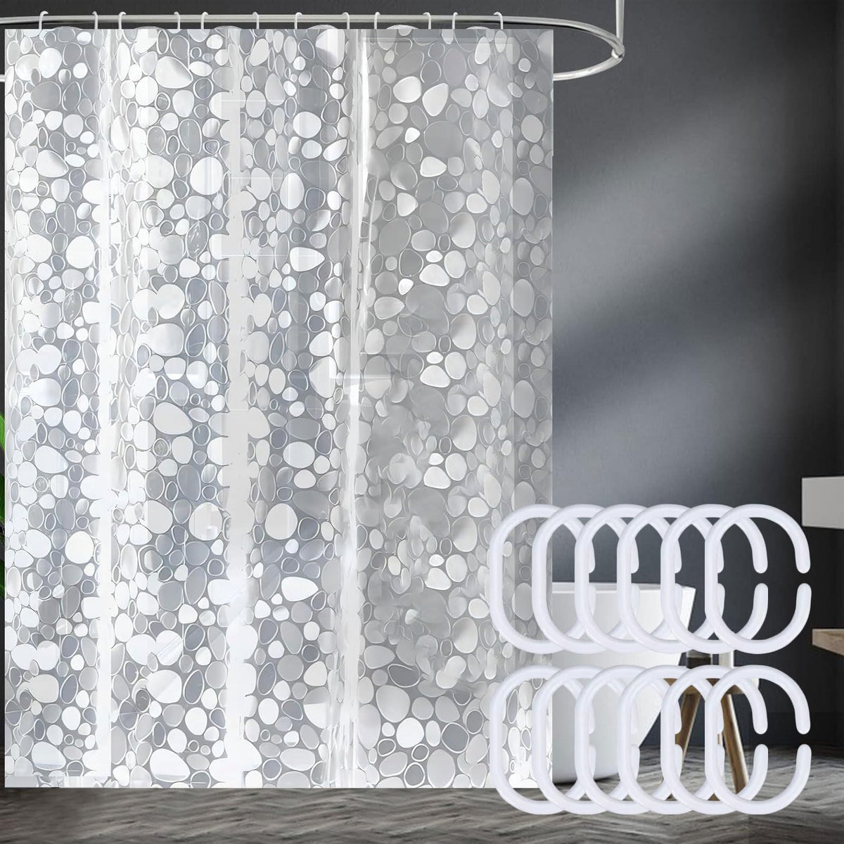 QEEROYO 180 x 200 cm Transparent Anti-Mould Shower Curtain, Waterproof EVA Plastic, 3D Clear Pebble, 12 Hooks, Antibacterial, for Wet Room, Bathtub