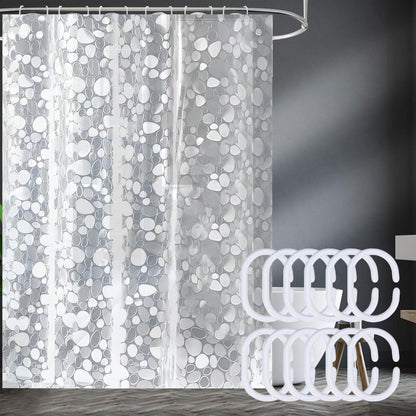 QEEROYO 180 x 200 cm Transparent Anti-Mould Shower Curtain, Waterproof EVA Plastic, 3D Clear Pebble, 12 Hooks, Antibacterial, for Wet Room, Bathtub