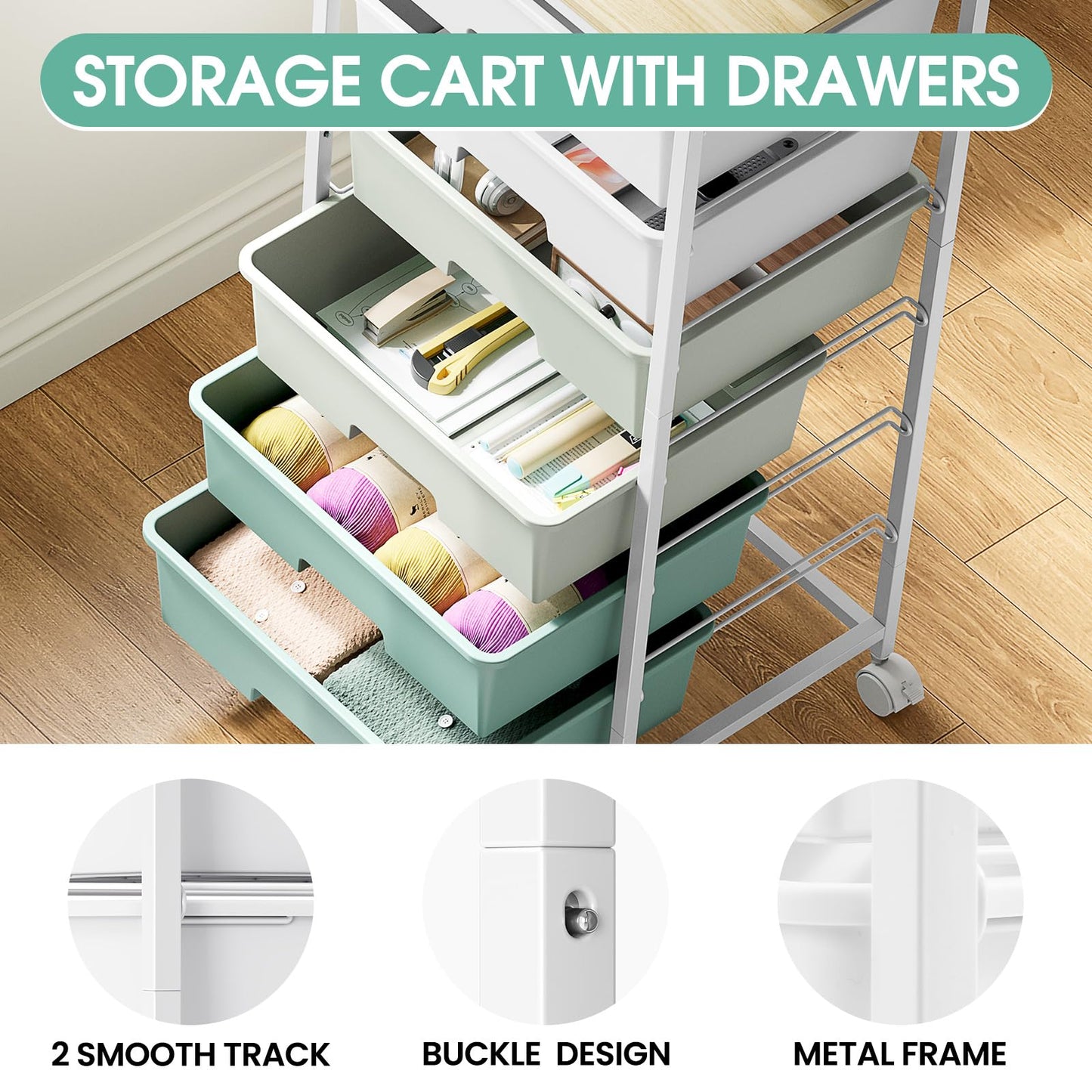 Rolling Storage Cart with 6 Drawers and Wooden Tabletop, Lockable Wheels Utility Cart for Art Studios, Office Supplies & Craft Room Organization