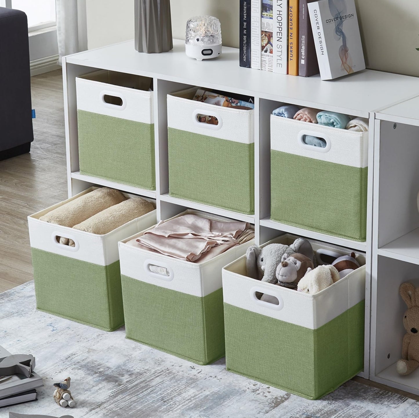 SOCOHOME Fabric Cube Storage Boxes,33x33x33cm Foldable Storage Baskets for Shelf Nursery Closet(Green/White, Set of 4)