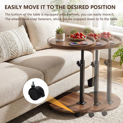 OUAYEMEL Side Table Adjustable Height, 360°Swivel End/Bedside Tables with Wheels for Sofa Bedroom Office Living Room, Coffee Tables for Small Spaces