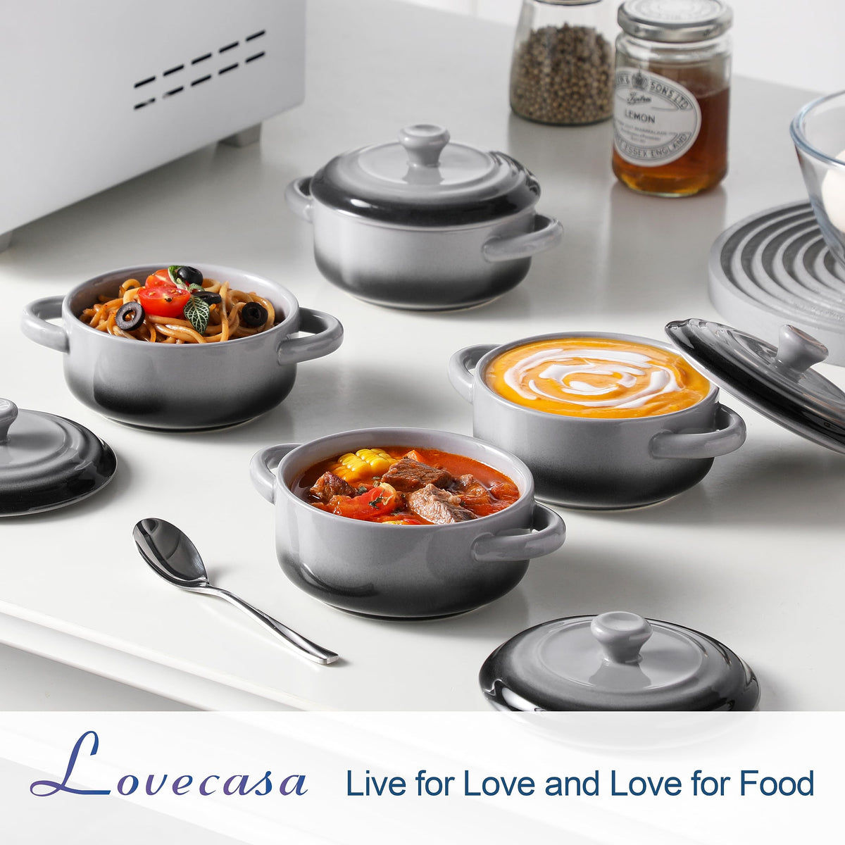 LOVECASA Small Casserole Dish for Oven,12 OZ Ceramic Mini Cocotte Set,French Onion Soup Bowls with Lids and Handle,Ramekins for Stews,Lasagna,Set of 4