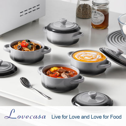 LOVECASA Small Casserole Dish for Oven,12 OZ Ceramic Mini Cocotte Set,French Onion Soup Bowls with Lids and Handle,Ramekins for Stews,Lasagna,Set of 4
