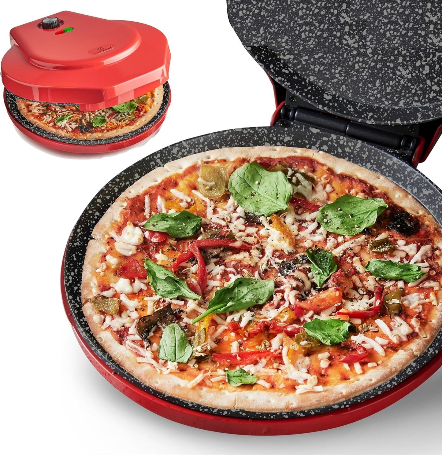MisterChef Pizza Maker 1450W Ceramic Plates, 12 Inch / 30cm, 2,3 Metal, Free Recipe Book, Red