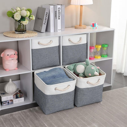 Mangata Canvas Storage Boxes, 28x28x28cm Fabric Storage Baskets for Shelves Organizing Clothes Nursery Home (Cold Grey&White, Set of 3)