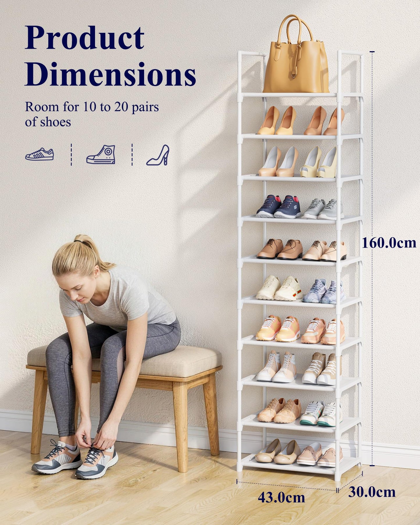 Kitsure Tall Shoe Rack for Narrow Space, 43.0cm Wide - 10 Tier, White
