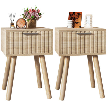 YMYNY Fluted Nightstand Set of 2, Small End Table, Modern Coffee Table with Drawer, Solid Wood Legs, Retaining Chain, 35x27x53cm