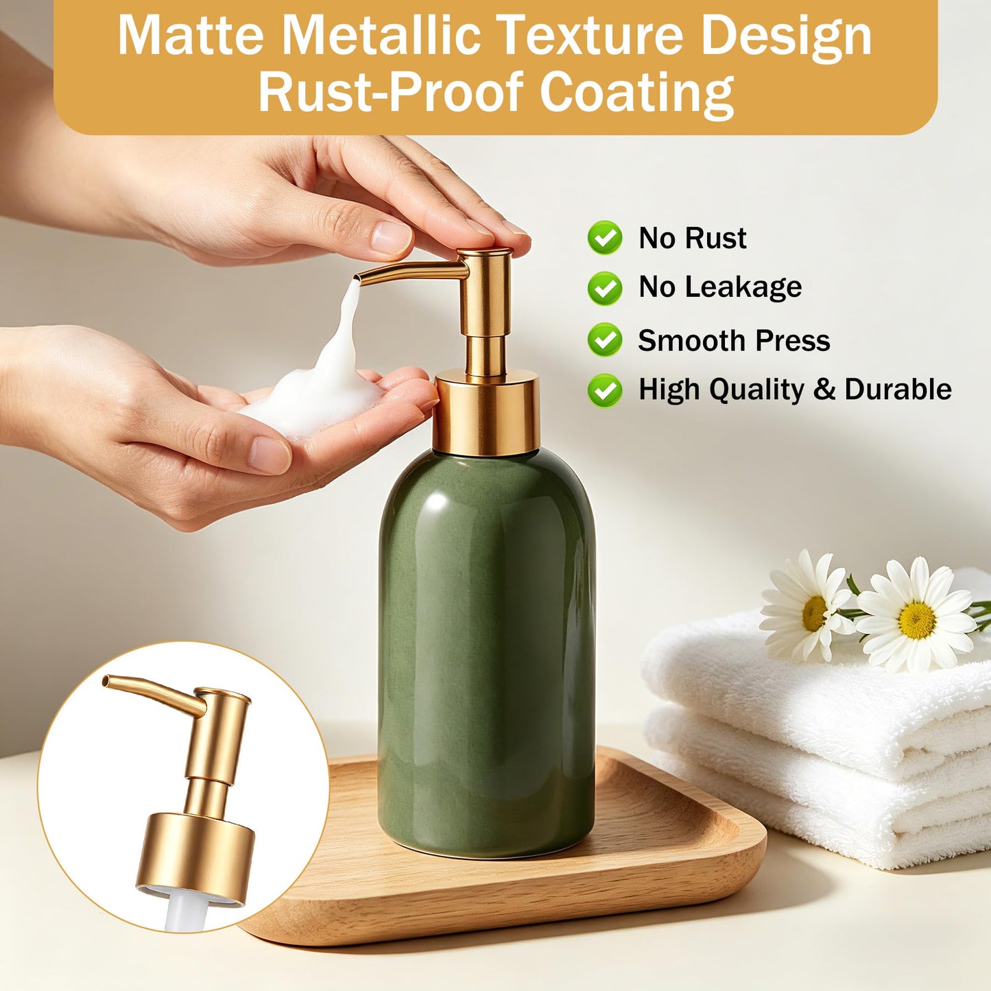 Hejo 350ml Ceramic Soap Dispenser with Matte Gold Pump, Refillable Liquid Hand Wash Soap Dispenser for Laundry Room, Bathroom & Kitchen (Green)