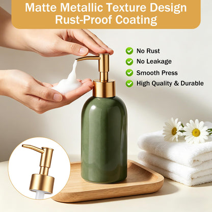 Hejo 350ml Ceramic Soap Dispenser with Matte Gold Pump, Refillable Liquid Hand Wash Soap Dispenser for Laundry Room, Bathroom & Kitchen (Green)