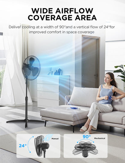Midea MPF25MBUK 40W Pedestal Fan, 3 Speed Settings, 90° Oscillation, Adjustable Height Stand Fan, Powerful Airflow and Quiet Operation, Ideal For Home & Office, Black