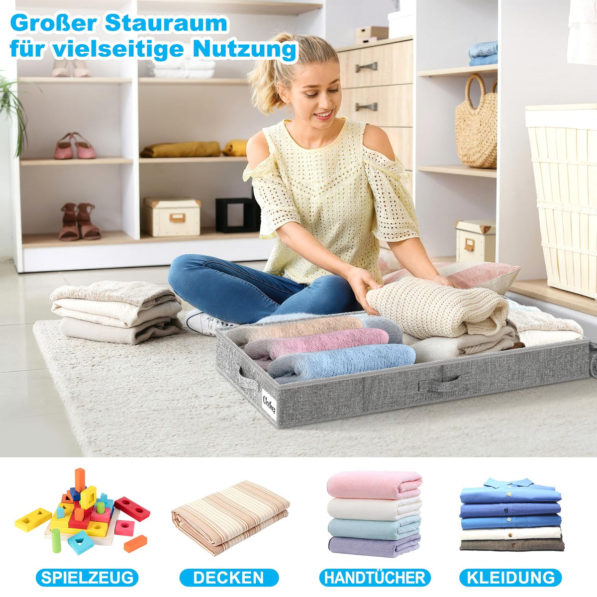 Underbed Storage Box with Lid, 12 cm High, Pack of 2, Foldable Underbed Storage, Washable Clothes Storage & Organisation, 3 Handles, Zip Lid