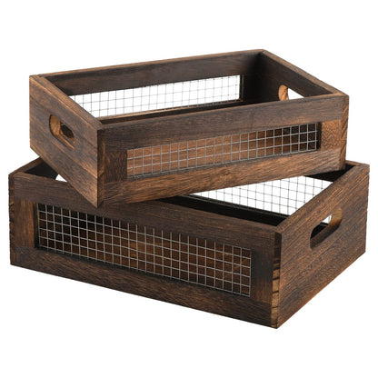 Dicunoy Set of 2 Rustic Wooden Storage Crates, Nesting Organizer Boxes, Small Decorative Wood Wire Containers with Handle for Countertop, Fruit