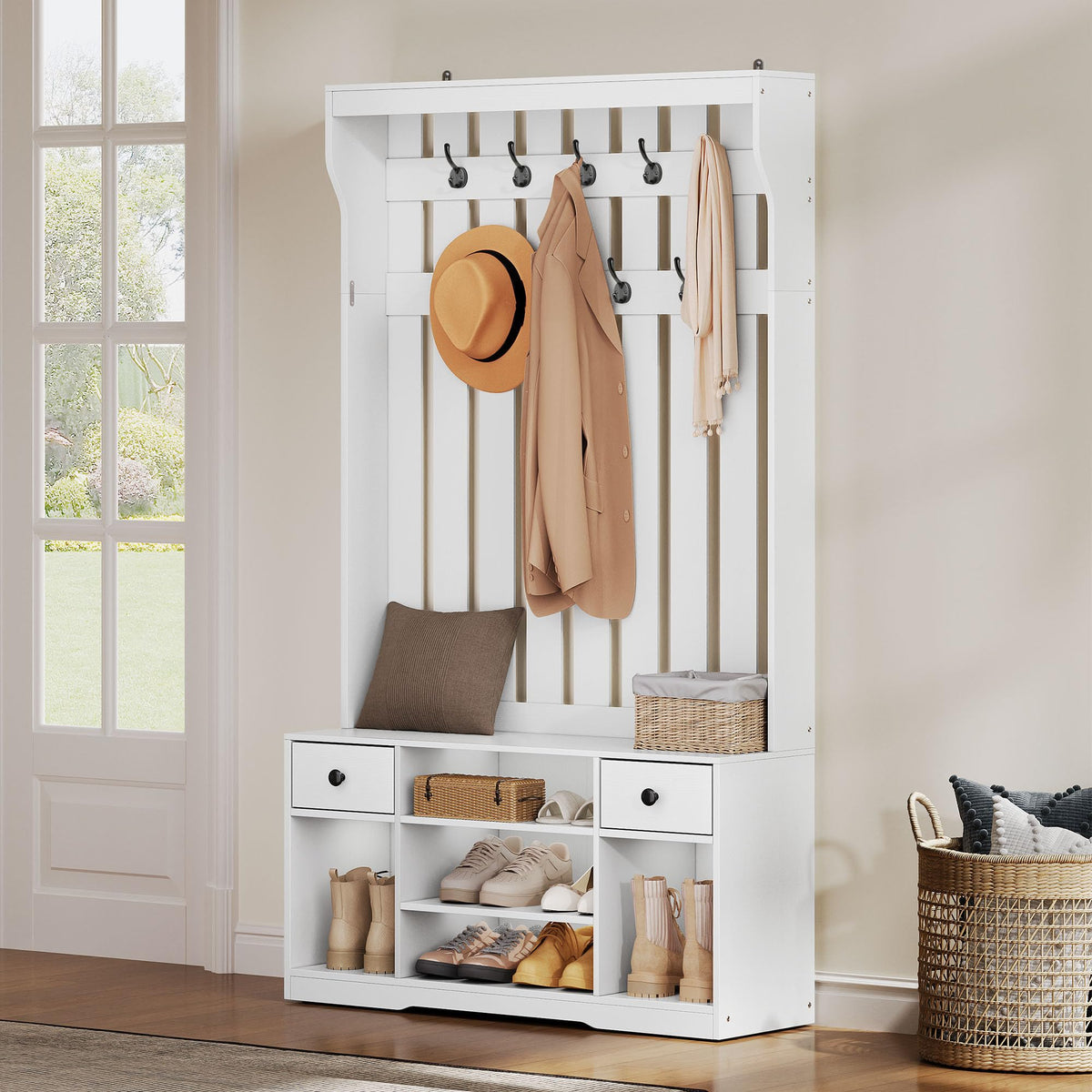 YITAHOME Coat Stand with Shoe Rack, 100cm Clothes Rack 9 Hooks 2 Drawers