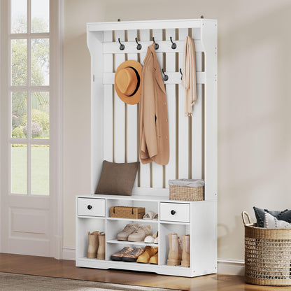YITAHOME Coat Stand with Shoe Rack, 100cm Clothes Rack 9 Hooks 2 Drawers