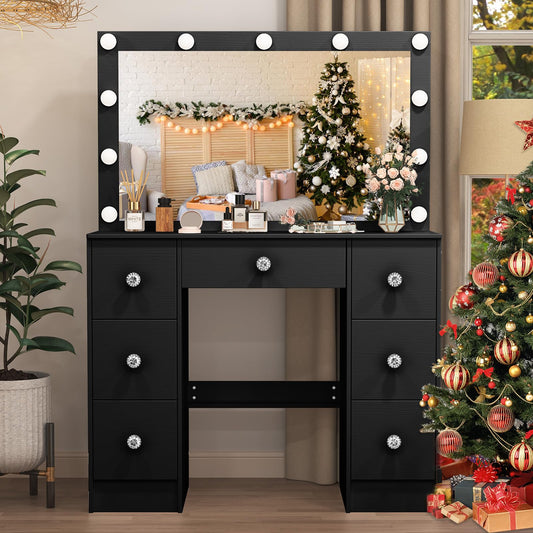 Saihemei Dressing Table with Mirror, LED Lights, Brightness Adjustable, Vanity Desk with 7 Drawers, Modern Makeup Desk, 39.4" W Makeup Table for