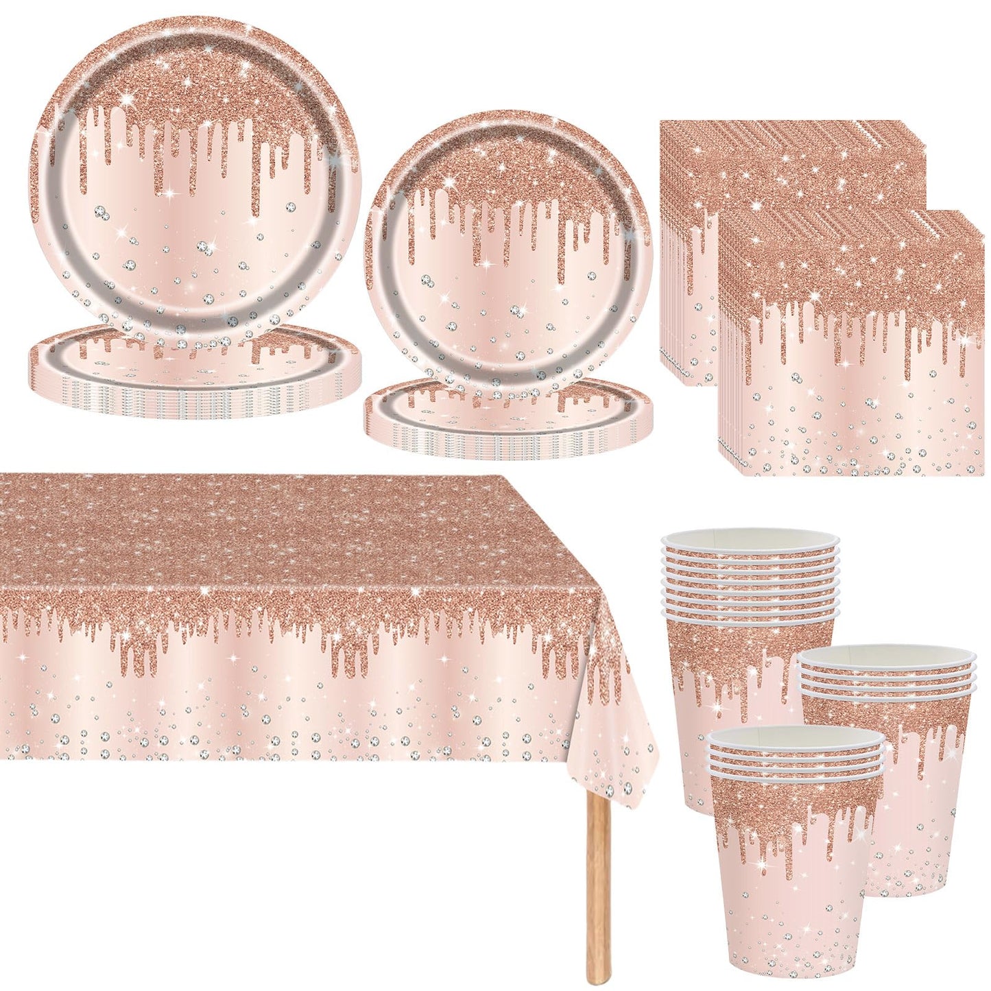 Rose Gold Shiny Glitter Diamond Party Tableware for Women/Girls,81pcs Rosegold Birthday Dinnerware Paper Plates Cups Napkins and Tablecloth Set for