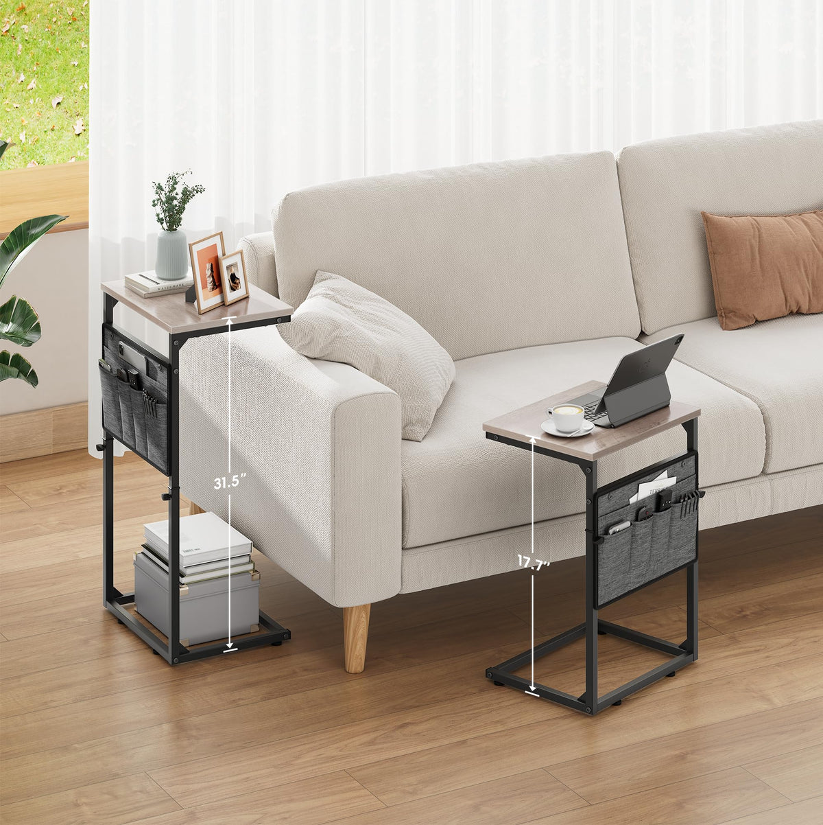 Vagusicc C-Shaped Side Table, Height Adjustable Sofa Side Table, Bedside Table with Cloth Storage Bag, C Table, End Table for Small Spaces