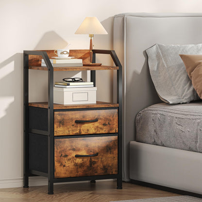 Feonase Bedside Table with 2 Fabric Drawers & Open Shelf - Sturdy Metal Frame Nightstand, Compact End Table for Bedroom, Living Room, Small Spaces