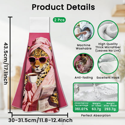 CUTHOLLOW 2 Pcs Pink Bathroom Leopard Hanging Kitchen Towels with Loop