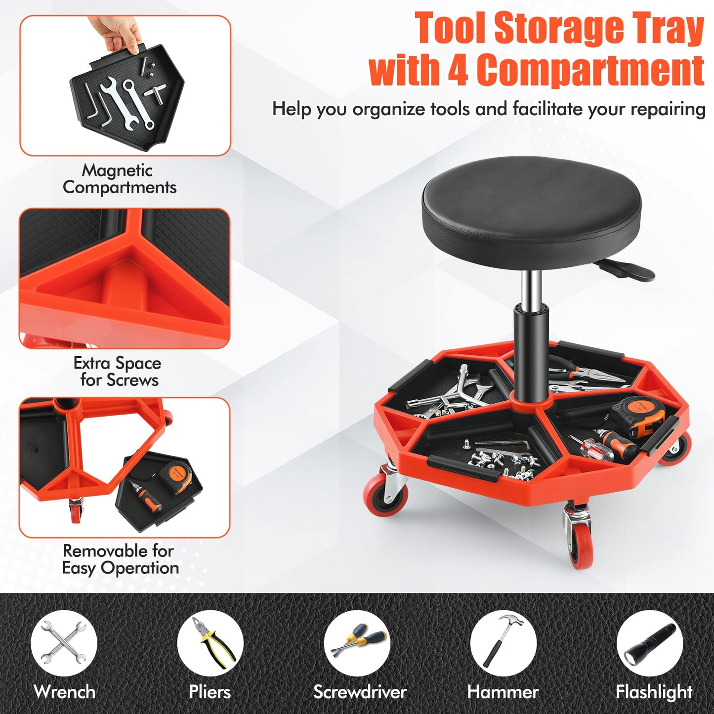 GiantexUK Pneumatic Rolling Mechanic Stool, Adjustable Roller Seat with Removable Tool Tray and 4 Universal Casters