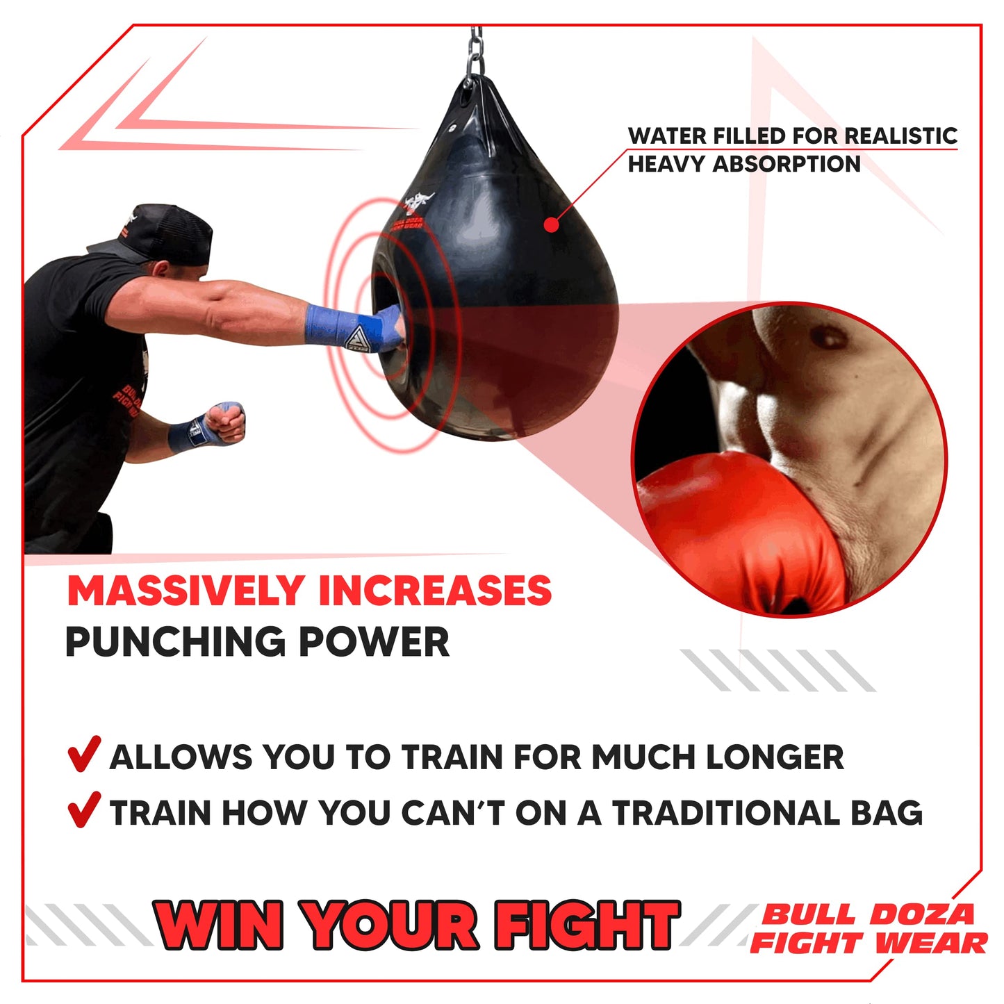 Bull Doza Fight Wear Pro Water Punch Bag - Heavy Durable Waterproof - Three Sizes (S (12?) 14kg)