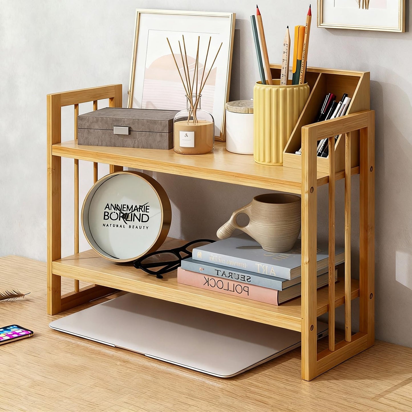 EIUTQRU Desktop Shelf Organizer, 2 Tier Bamboo Desk Bookshelf, Desk Top Storage Rack for Office, Dorm, or Bedroom Decor