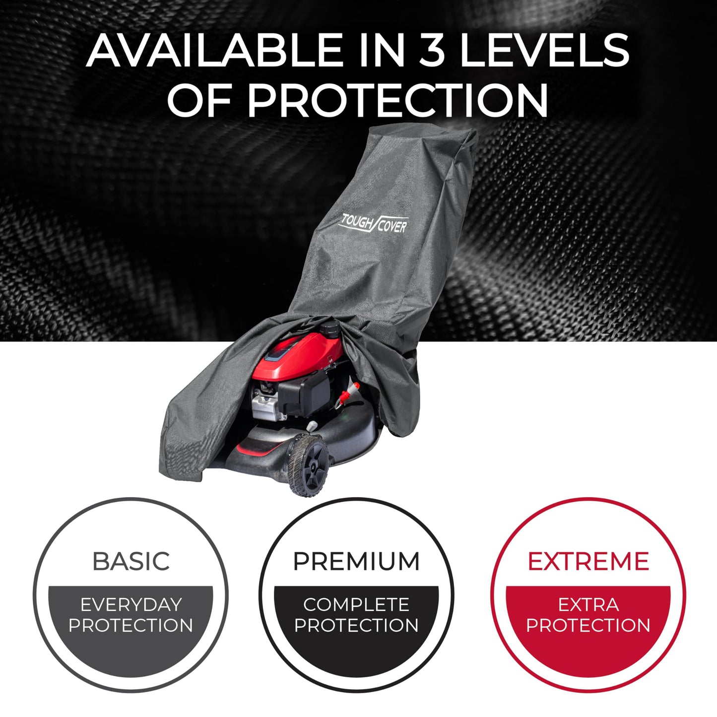 Tough Cover Extreme Conditions Lawn Mower Cover. Certified Waterproof 600D Marine Grade Fabric. Universal Fit Push Mower Cover. Protects against