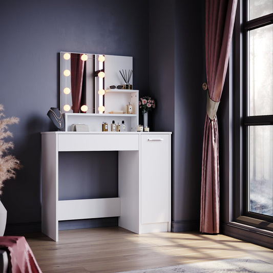 ELEGANT Dressing Table with Hollywood LED Lights, Adjustable Brightness, Modern Makeup Vanity Desk with Open Shelves and Storage Cabinet, Large Mirror