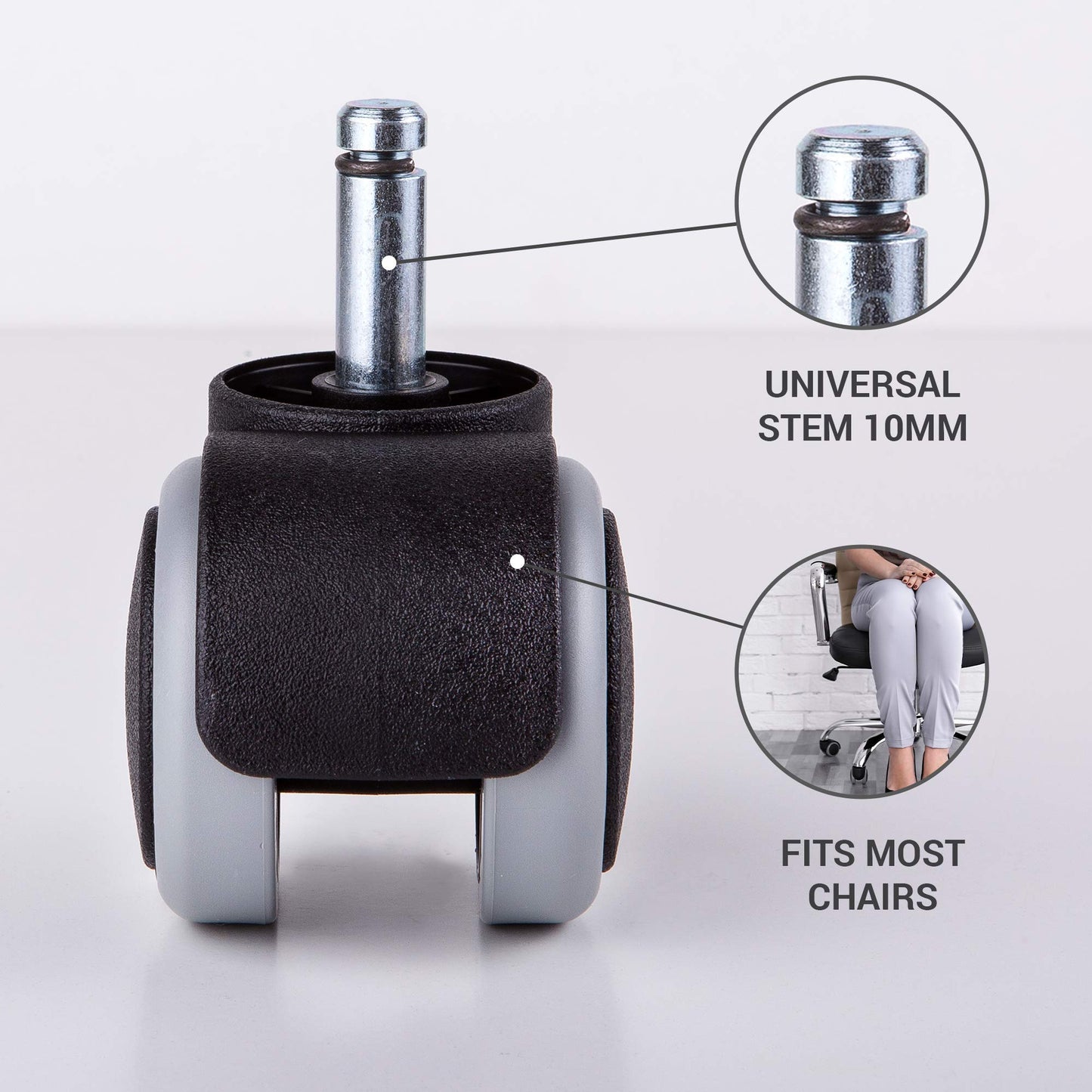 SKIR'CO (5 pcs) 50 mm Rubber Chair Wheels, Rolling Office Chair Castors, Replacement Casters, Swivel Wheels, Universal Long Stems (5, Ø 10 mm)