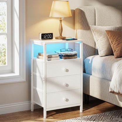 LOAKEKEL Bedside Table with Charging Station, Side Table with 3 Drawers
