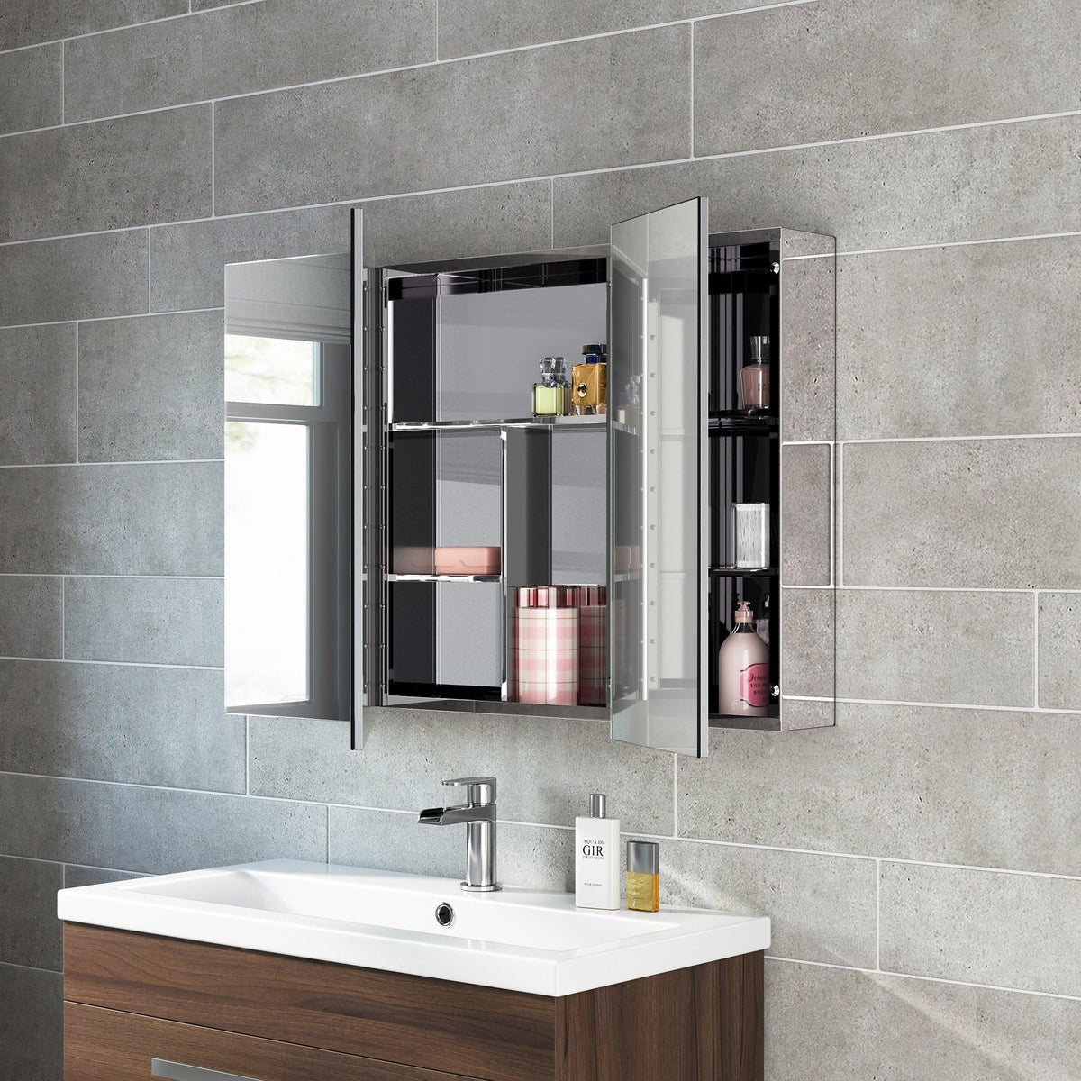 iBathUK Oslo Wall Mounted Triple Door Bathroom Mirror Cabinet, Frameless Rectangular Silver Mirror, Magnetic Catch, Modern Bathroom Storage