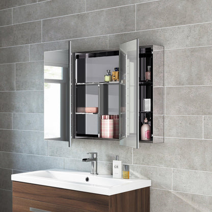 iBathUK Oslo Wall Mounted Triple Door Bathroom Mirror Cabinet, Frameless Rectangular Silver Mirror, Magnetic Catch, Modern Bathroom Storage