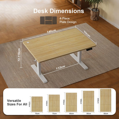 JUMMICO Height-Adjustable Desk 140 x 70 cm with Cable Tray, Height-Adjustable Electric Standing Desk with USB Socket, Computer Desk