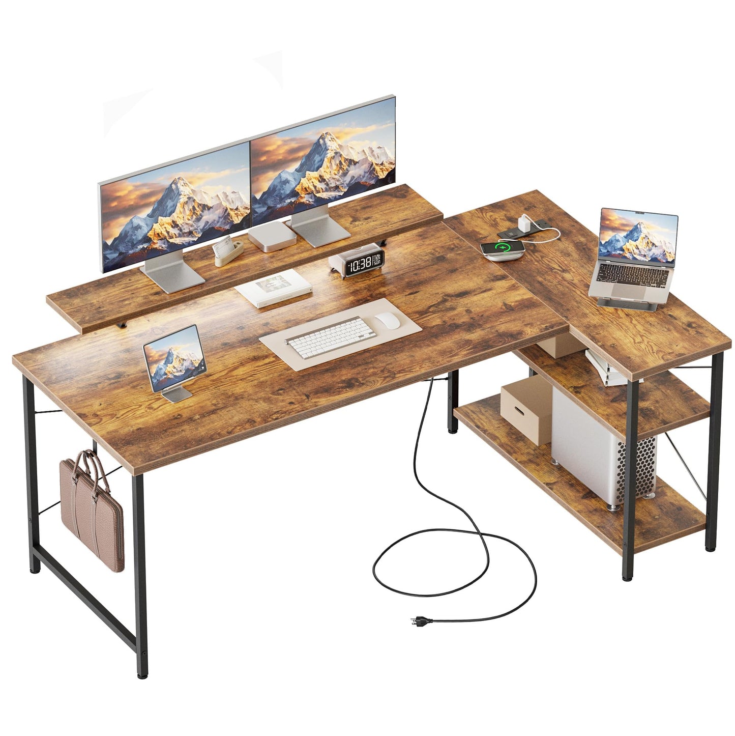 Mericonia Reversible Corner Desk, w. Led & Power Outlets, 140x70cm, Brown