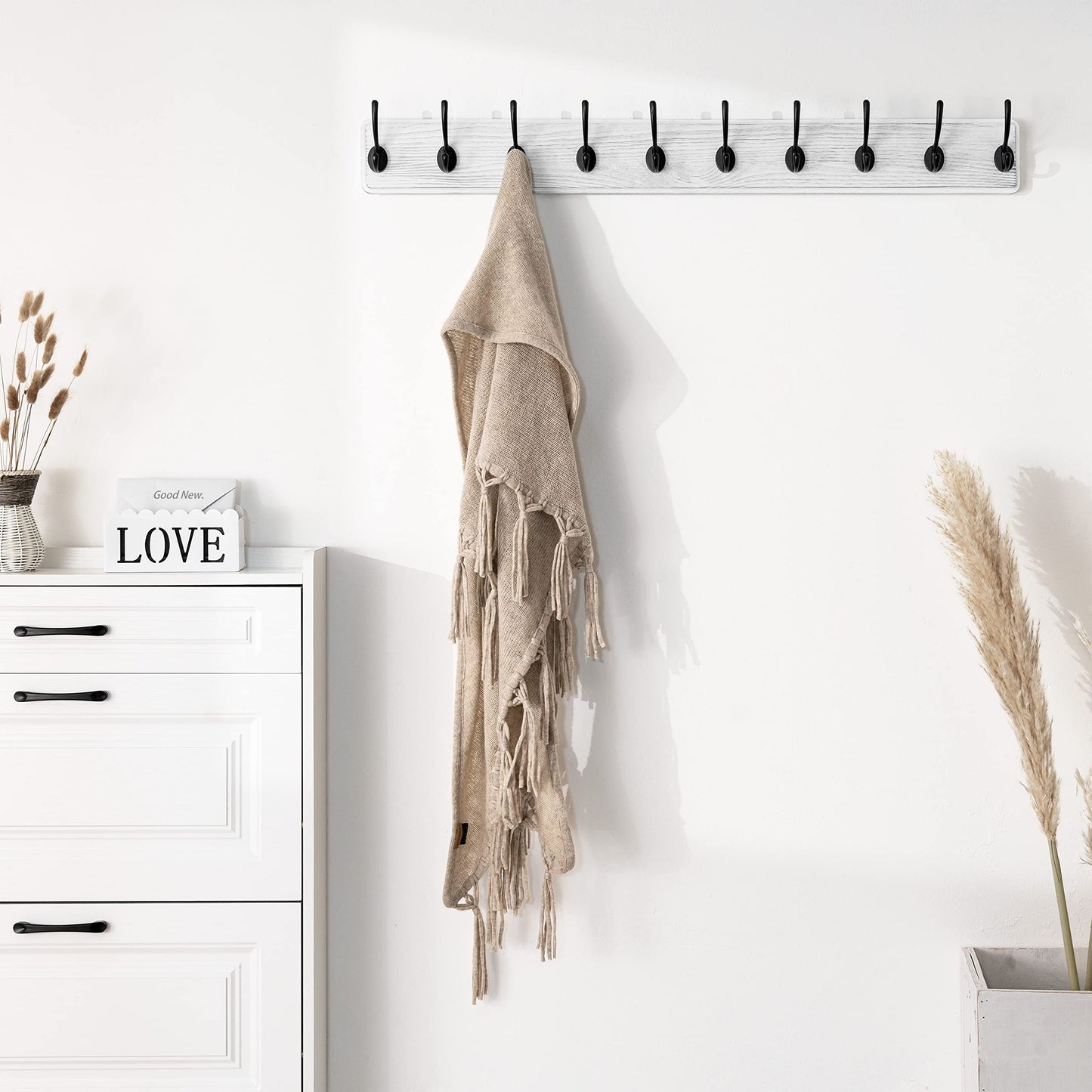 SKOLOO Farmhouse Style Wall Mounted Coat Rack, Wood Coat Hook Hanger - 10 Hooks for Hanging Clothes Robes Towels Coats