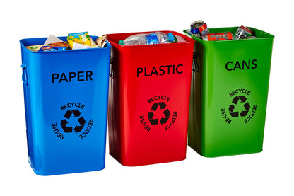 Premier Housewares Plastic, Paper and Cans Recycle Logo Bins - Multi-Colour, Set of 3