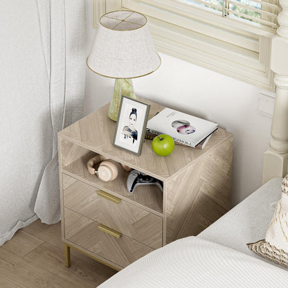 Yvsevnr Modern Bedside Tabls with Drawers Wood Bed Side Table for Bedroom Living Room Office Herringbone Small Chest of Drawers with Open Compartment