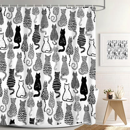 GCIREC Shower Curtain, 180x200cm, Cute Cat Funny Black and White Cartoon Kitty Waterproof Fabric Machine Washable Bathroom Curtain with Hooks
